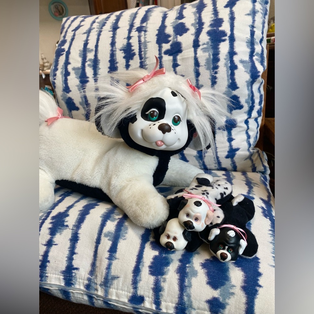 Vintage Puppy Surprise Mom Black White Dog Plush 1991 Hasbro 3 Puppies Pink Bows